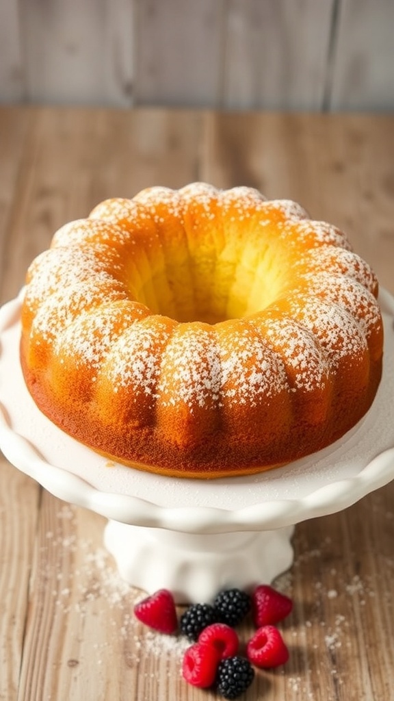 Classic 6-Inch Butter Cake Recipe A golden brown 6-inch butter cake on a cake stand, garnished with powdered sugar and fresh berries.